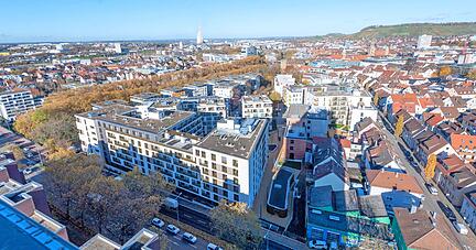 In Heilbronn wird viel gebaut, mit dem Rosenbergquartier (vorne links) kamen zum Beispiel erst kürzlich 479 Wohnungen dazu. Die Nachfrage nach Mietwohnungen wird Experten zufolge weiter steigen.
Foto: Berger