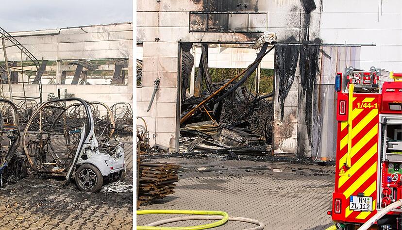 Am Tag nach dem Großbrand in Lauffen wird das Ausmaß der Zerstörung sichtbar. Die Feuerwehr hat Mühe, die Glutnester zu löschen.