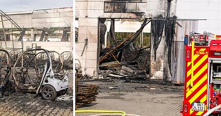 Am Tag nach dem Gro&szlig;brand in Lauffen wird das Ausma&szlig; der Zerst&ouml;rung sichtbar. Die Feuerwehr hat M&uuml;he, die Glutnester zu l&ouml;schen.