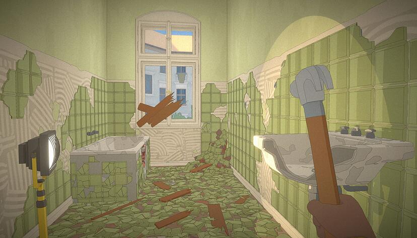 Interaktiver Part in &laquo;The Berlin Apartment&raquo;; &laquo;Badentkachelung&raquo; mit Hammer.