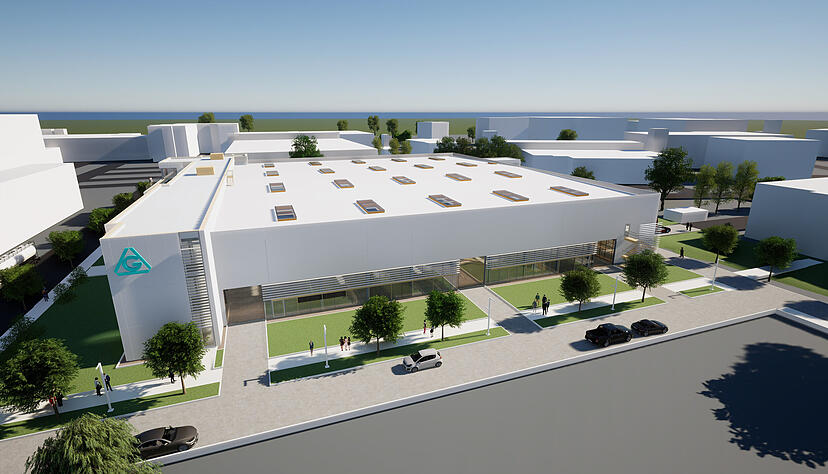 So soll der Neubau der Montagehalle samt dreigeschossigem B&uuml;rokomplex bei Groninger aussehen. Mitte 2027 soll das Geb&auml;ude fertig sein.