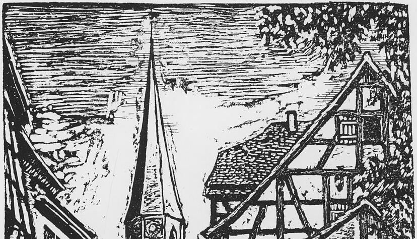Idylle mit Kirchturm: Der Linolschnitt zeigt eine Szene aus Brackenheim.