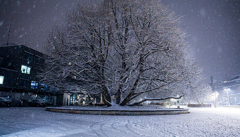 Am Sonntagabend setzte in Heilbronn starker Schneefall ein. Das Foto zeigt den Platz an der Harmonie.