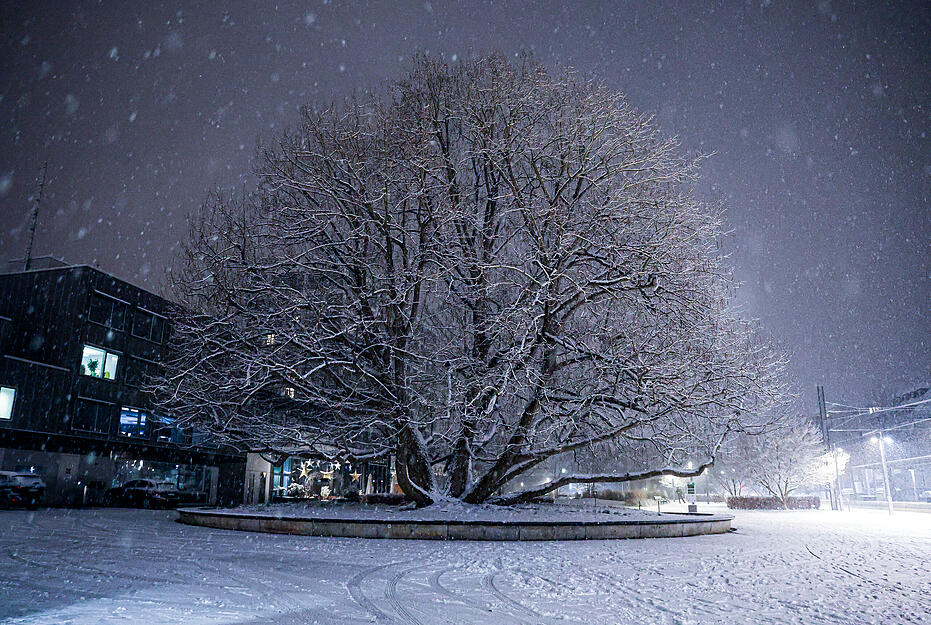 Am Sonntagabend setzte in Heilbronn starker Schneefall ein. Das Foto zeigt den Platz an der Harmonie.