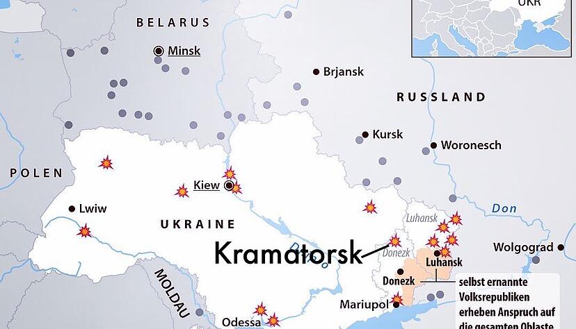 Kramatorsk ist eine Großstadt mit etwa 160.000 Einwohnern in der Oblast Donezk im Osten der Ukraine. Dort sind seit der Nacht von Mittwoch auf Donnerstag russische Angriffe zu verzeichnen. Der Militärflughafen in der Nähe wurde komplett zerstört.