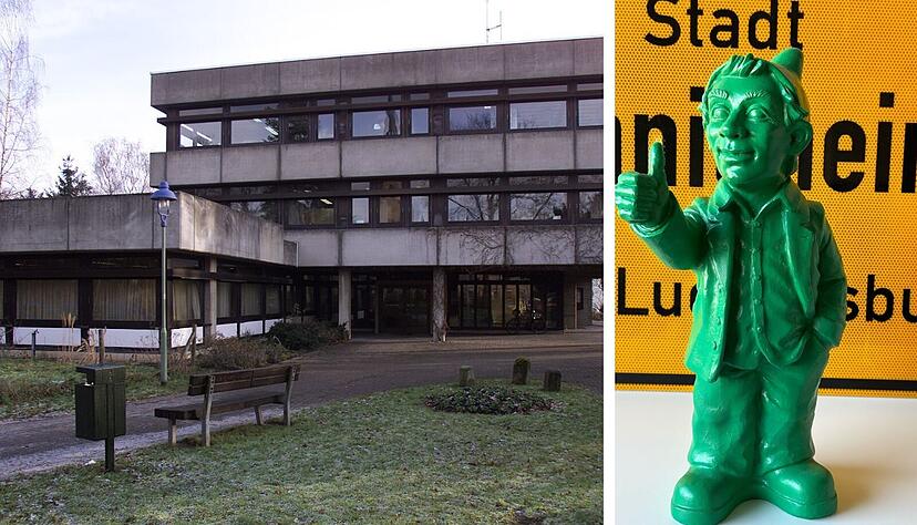 Im B&ouml;nnigheimer Rathaus gab es bislang f&uuml;nf Optimisten: Neben B&uuml;rgermeister Albrecht Dautel l&auml;chelten vier bunte Zwerge die Besucher an. Der blaue "Optimist" wurde gestohlen.