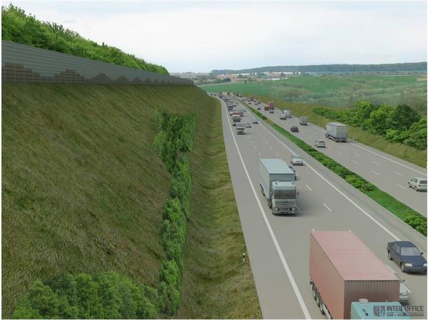 Endzustand nach den Umbauarbeiten mit vollen sechs Spuren und Haltestreifen sowie Lärmschutzwall Endzustand nach den Umbauarbeiten mit vollen sechs Spuren und Haltestreifen sowie Lärmschutzwall