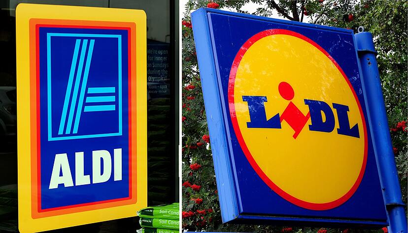 Die Bildkombo zeigt die Logos der deutschen Discounter Aldi (l) und Lidl. Die Schwarz-Gruppe mit ihren Töchtern Lidl und Kaufland und der Discounter Aldi haben ihren Platz unter den zehn größten Einzelhändlern weltweit behauptet.