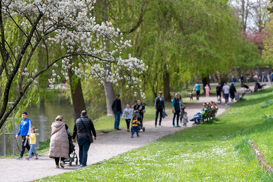 Zahlreiche Menschen zieht es ins Freie - wie hier im Pfühlpark.