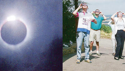 Zusammengestellt von Archiv und Dokumentation der Heilbronner Stimme
11. August 1999. Totale Sonnenfinsternis: Auf dem Goldberg in Öhringen erleben tausende Zuschauer das Jahrhundertereignis. Für 137 Sekunden verschwindet die Sonne hinter dem Mond. Zusammengestellt von Archiv und Dokumentation der Heilbronner Stimme
11. August 1999. Totale Sonnenfinsternis: Auf dem Goldberg in Öhringen erleben tausende Zuschauer das Jahrhundertereignis. Für 137 Sekunden verschwindet die Sonne hinter dem Mond.