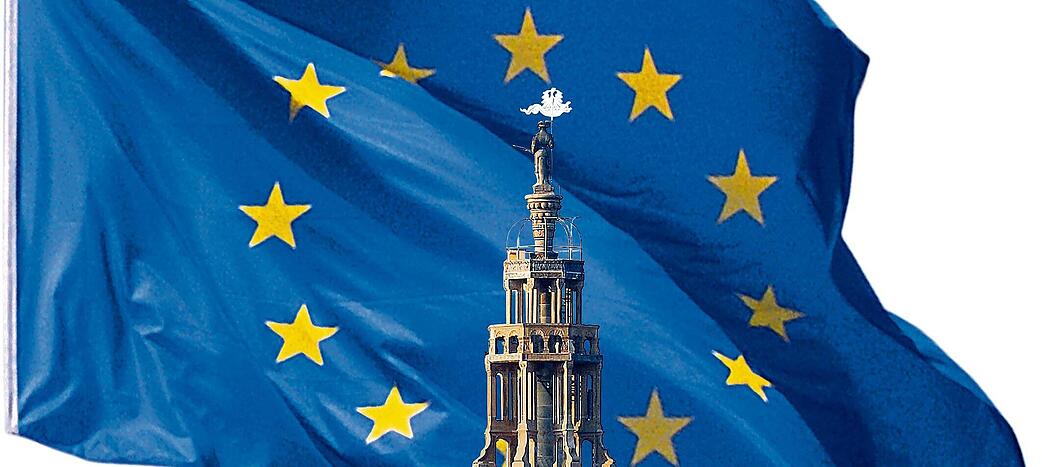 Die Heilbronner Kilianskirche vor der Europa-Flagge. Fotomontage: HSt Die Heilbronner Kilianskirche vor der Europa-Flagge. Fotomontage: HSt