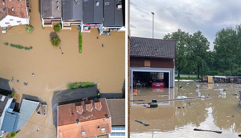 Im Saarland (links) blicken die Menschen mit Sorge in die kommende Woche. Auch in Gemmingen wurden Straßen bei einem Unwetter überflutet (rechts).