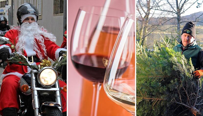 Der „Christmas Ride“ der Harley-Davidson-Freunde Hohenlohe kommt nach Künzelsau (links). In Weinsberg gibt's Einblicke in die Welt des Weins (Mitte) und in Prevorst findet am Wochenende wieder der Christbaummarkt statt.