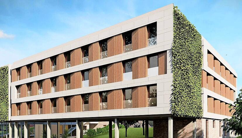 90 Betten verteilt auf Einzelappartements und Wohngemeinschaften sollen auf dem Künzelsauer Campus entstehen. So sollen auch die Studierendenzahlen erhöht werden.
Visualisierung: IPROconsult