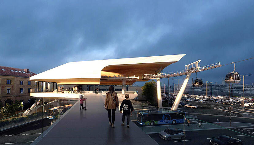 So stellen sich die Planer die Haltestelle der Seilbahn nahe der Experimenta vor, links der historische Bahnhof. So stellen sich die Planer die Haltestelle der Seilbahn nahe der Experimenta vor, links der historische Bahnhof.