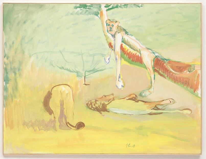 Siegfried Anzinger: Löwe am farbigen Ast (2016), Eitempera auf Leinwand, 100 x 130 cm