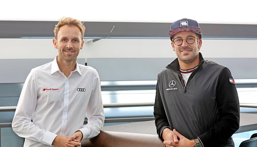 Audi-Pilot René Rast (links) und DTM-Champion Maximilian Götz (Mercedes) nahmen sich im Audi-Forum über eine Stunde Zeit für zahlreiche Kinder-Fragen.