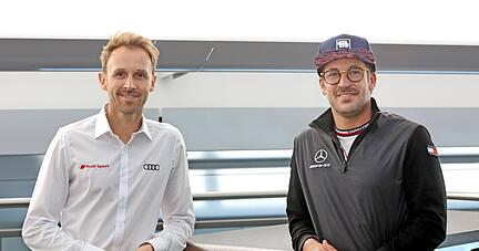 Audi-Pilot René Rast (links) und DTM-Champion Maximilian Götz (Mercedes) nahmen sich im Audi-Forum über eine Stunde Zeit für zahlreiche Kinder-Fragen.
