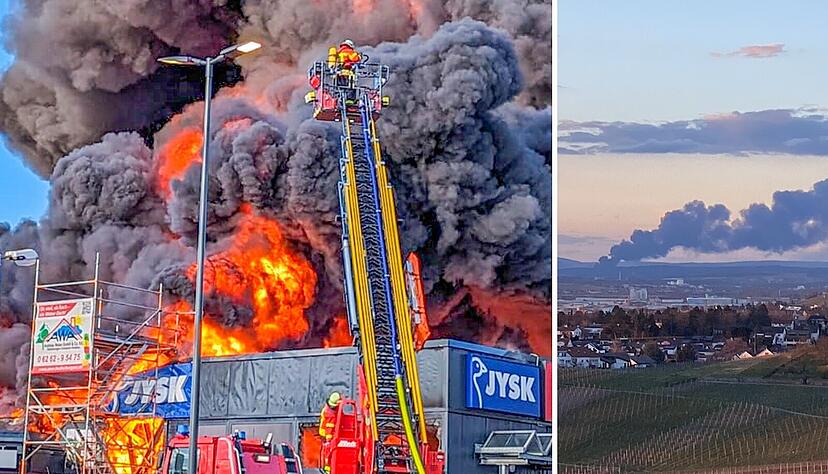 Bei dem Feuer in Mosbach-Neckarelz entstand ein Millionenschaden. Die Rauchsäule war bis Heilbronn zu sehen. Bei dem Feuer in Mosbach-Neckarelz entstand ein Millionenschaden. Die Rauchsäule war bis Heilbronn zu sehen.
