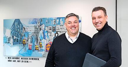 Ideen und 400 Projekte: Rolf Schumann (links) und Christian Müller leiten die digitalen Einheiten der Schwarz-Gruppe.
Foto: Veigel