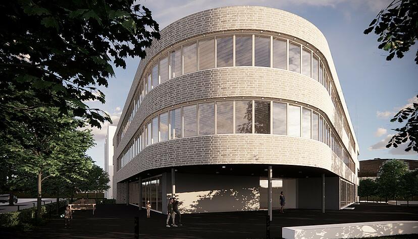 So soll sie einmal aussehen und im ersten Quartal 2022 mit Leben gefüllt werden: die neue Gerhart-Hauptmann-Grundschule in Heilbronn. 
Visualisierung: Stadt Heilbronn