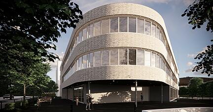 So soll sie einmal aussehen und im ersten Quartal 2022 mit Leben gefüllt werden: die neue Gerhart-Hauptmann-Grundschule in Heilbronn. 
Visualisierung: Stadt Heilbronn