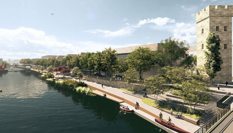 Auf der neuen Neckarpromenade l&auml;sst sich vom G&ouml;tzenturm bis zum Theaterschiff direkt am Wasser flanieren.