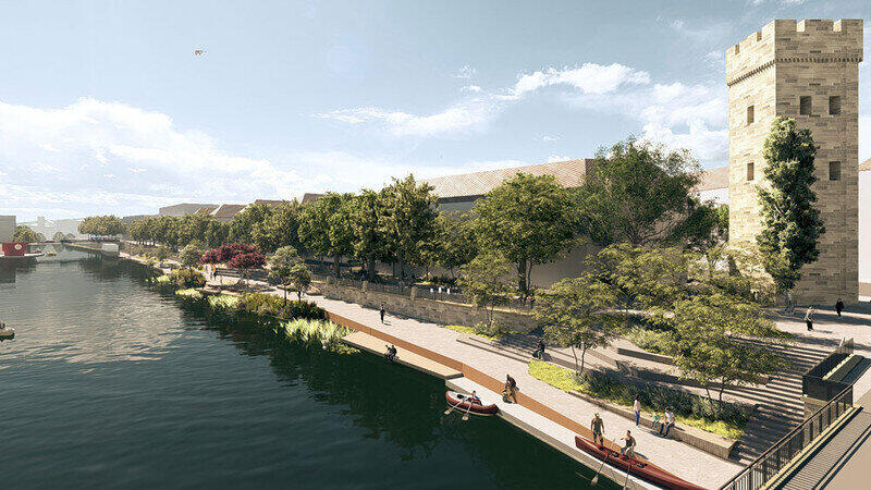 Auf der neuen Neckarpromenade l&auml;sst sich vom G&ouml;tzenturm bis zum Theaterschiff direkt am Wasser flanieren.