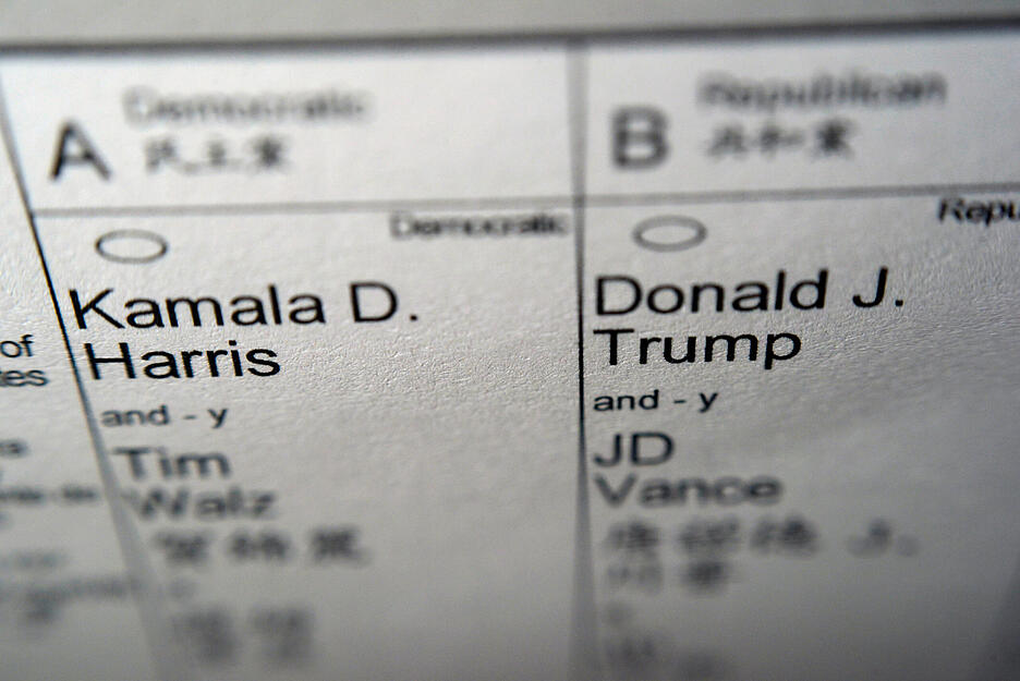 03.11.2024, USA, New York: Die Namen der Kandidaten für das Amt des US-Präsidenten und des US-Vizepräsidenten der Vereinigten Staaten, links die Demokratin Kamala Harris und der Gouverneur von Minnesota, Tim Walz, sowie rechts die Republikaner, der ehemalige US-Präsident Donald Trump und Senator JD Vance aus Ohio sind auf einem Teil eines Briefwahlzettels zu sehen.