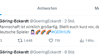 Mit diesem Post hat sich Top-Politikerin Katrin Göring-Eckardt nach dem Sieg der DFB-Elf gegen Ungarn bei der EM 2024 ein Eigentor geschossen. Mit diesem Post hat sich Top-Politikerin Katrin Göring-Eckardt nach dem Sieg der DFB-Elf gegen Ungarn bei der EM 2024 ein Eigentor geschossen.