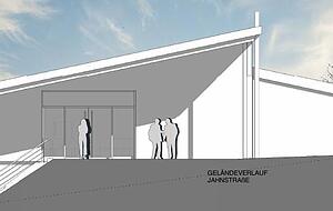 Die Ansicht des evangelischen Gemeindehauses mit dem Haupteingang von der Jahnstra&szlig;e. 
Planung: Architekt Lorenz Kraft