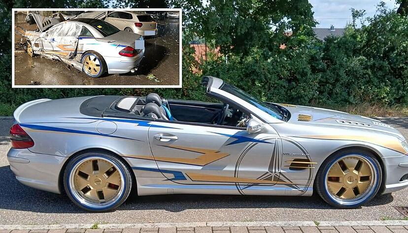 So sah der Mercedes mit offenem Dach vor dem Unfall aus (großes Foto). Nach dem Unfall in Heilbronn ist das Fahrzeug nur noch Schrott.