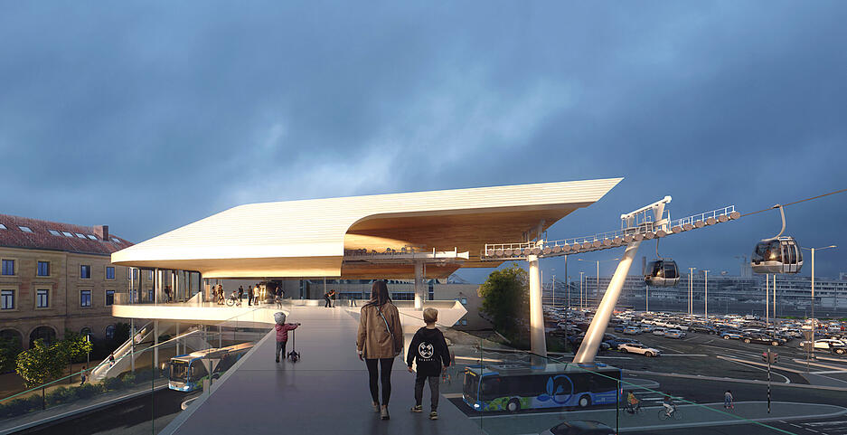 Diese Darstellung der geplanten Seilbahnhaltestelle am Bahnhof ist Teil der Unterlagen, die am Donnerstag im Heilbronner Gemeinderat diskutiert werden.