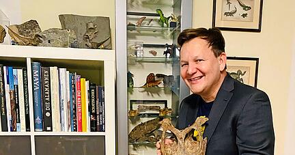 Im Grombacher Steinbruch fand Fabian Mohl den Teil eines Simosaurus-Schädels. Sein Fund in Vellberg-Eschenau trägt den Namen Stauromatodon mohli.
Foto: privat Im Grombacher Steinbruch fand Fabian Mohl den Teil eines Simosaurus-Schädels. Sein Fund in Vellberg-Eschenau trägt den Namen Stauromatodon mohli.
Foto: privat