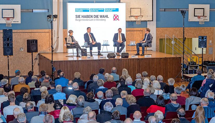 Beim Stimme-Wahlforum stellen sich Stefan Thoma (Zweiter von rechts) und Lutz Ronneburg den Fragen der Redakteure Anja Krezer und Simon Gajer (rechts). 800 Interessierte sin d in die Weibertreuhalle gekommen, um sich ein Bild von den beiden Kandidaten zu machen.
Foto: Mario Berger
