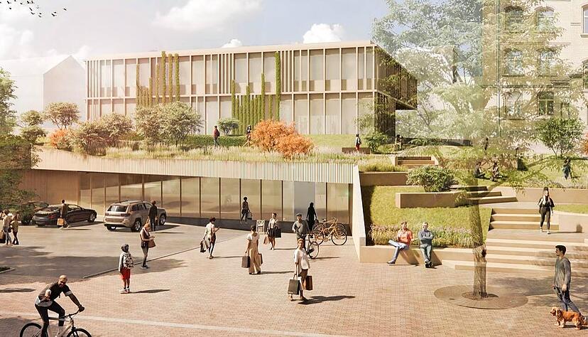 Der Siegerentwurf des Erweiterungsbaus für die Grundschule mit Blick von der Klingenberger Straße überzeugt die Jury.
Visualisierung: Büro Krummlauf Teske Happold Der Siegerentwurf des Erweiterungsbaus für die Grundschule mit Blick von der Klingenberger Straße überzeugt die Jury.
Visualisierung: Büro Krummlauf Teske Happold