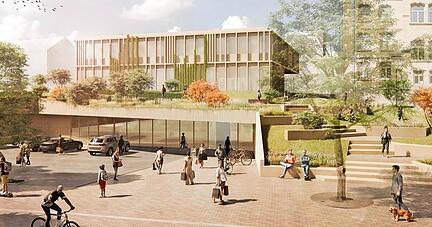 Der Siegerentwurf des Erweiterungsbaus für die Grundschule mit Blick von der Klingenberger Straße überzeugt die Jury.
Visualisierung: Büro Krummlauf Teske Happold