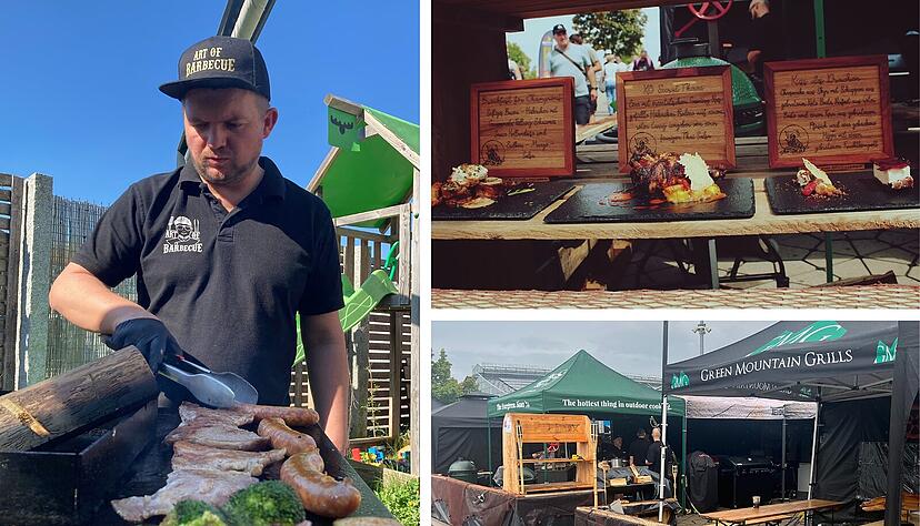 J&uuml;rgen Danczyk an der Feuerplatte in der heimischen Au&szlig;enk&uuml;che und mit G&auml;ngen, die am Stand bei der Deutschen Meisterschaft an der Messe Stuttgart entstanden sind.