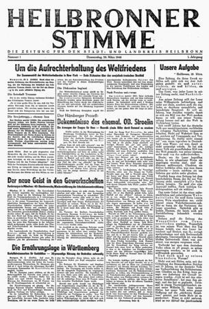 Zusammengestellt von Archiv und Dokumentation der Heilbronner Stimme 

Voraussetzung f&uuml;r die Herausgabe einer Zeitung in Deutschland nach dem Zweiten Weltkrieg ist die Lizenz der Siegerm&auml;chte. Die US-Milit&auml;rregierung erteilt die Druckerlaubnis.