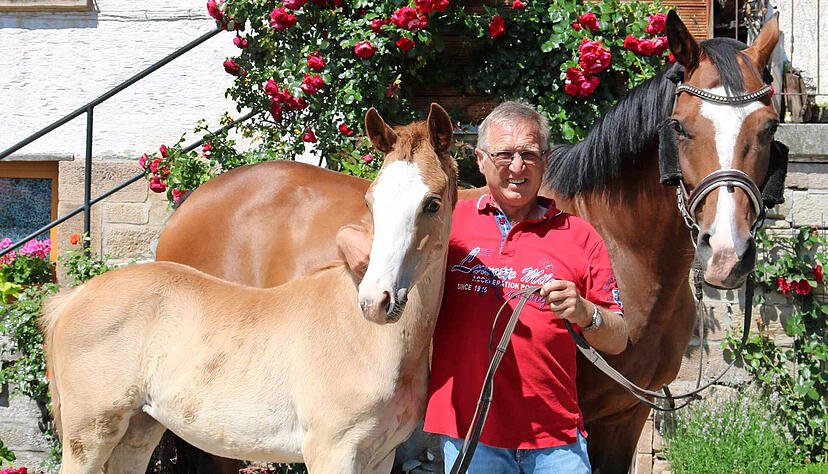 Ein glücklicher Mensch: Reiter und Trakehner-Züchter Kurt Weippert mit seiner Stute Kiss me Kate und deren Fohlen Kiss me Quick.
 Foto: Bettina Hachenberg Ein glücklicher Mensch: Reiter und Trakehner-Züchter Kurt Weippert mit seiner Stute Kiss me Kate und deren Fohlen Kiss me Quick.
 Foto: Bettina Hachenberg