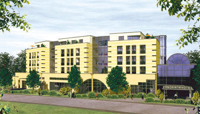 So pr&auml;sentiert sich die Erweiterung des Panoramahotels in Waldenburg von der Hauptstra&szlig;e aus gesehen. Rechts im Bild: die verglaste Hotelhalle, die direkt an das bestehende Panoramahotel andockt. (Computeranimation: privat)