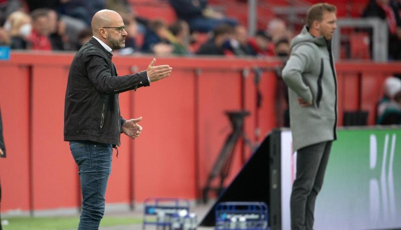 Leverkusens Trainer Peter Bosz (l) und sein Leipziger Kollege Trainer Julian Nagelsmann beobachten das Spiel.