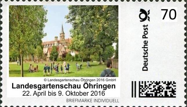 Die &Ouml;hringer Landesgartenschau-Briefmarke mit Blick aufs Schloss. Foto: privat