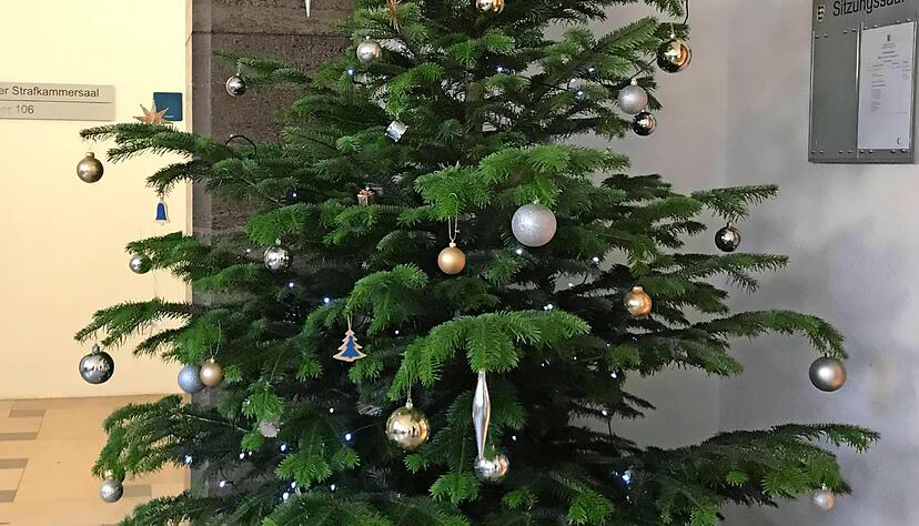 ?Auf dem Weg zum Großen Strafkammersaal steht der große Tannenbaum, der daran erinnert, dass in wenigen Tagen Weihnachten ist.
Foto: Tscherwitschke