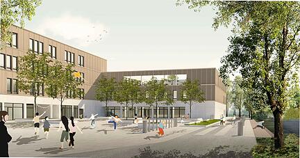 Mit dem Bau des neuen Schulgebäudes soll es Anfang 2022 losgehen. Visualisierung: Peter Groß, Hoch- und Generalbau GmbH & Co.KG, Stuttgart/a+r Architekten GmbH, Stuttgart/Tübingen
