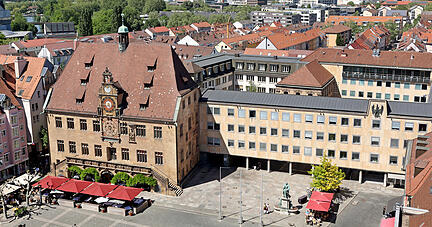 Stadtansichten, Kiliansplatz, Marktplatz, Experimenta und Rathaus Heilbronn, Blick von der Kilianskirche