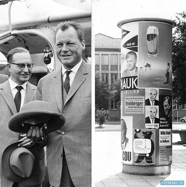 Brandt trifft am 6. September 1961 auf der Heilbronner Waldheide ein. Bürgermeister Friedrich Hanser begrüßt seinen Berliner Kollegen. Über 20 000 Bürger in Heilbronn, Neckarsulm, Kochendorf und Bad Wimpfen hören die Rede des Regierenden Bürgermeisters zur Eröffnung des SPD-Bundestagswahlkampfs.