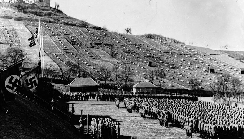 Das Hakenkreuz weht &uuml;berm Grasigen Hag: Gel&ouml;bnis auf dem Platz am Fu&szlig;e der Weinsberger Weibertreu.