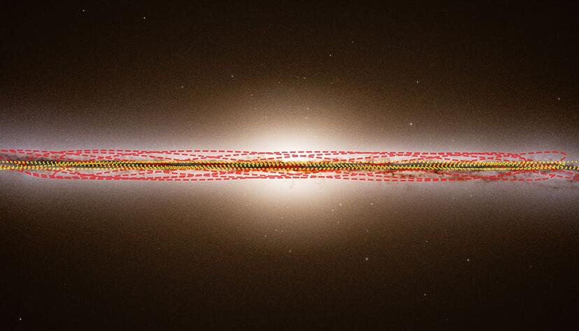 Diese Illustration zeigt eine Seitenansicht der Milchstraße und die geschätzten Umlaufbahnen unserer Sonne und des Kometen 3I/ATLAS. Der Komet ist mit roten gestrichelten Linien, die Sonne mit gelben gepunkteten Linien dargestellt. Diese Illustration zeigt eine Seitenansicht der Milchstraße und die geschätzten Umlaufbahnen unserer Sonne und des Kometen 3I/ATLAS. Der Komet ist mit roten gestrichelten Linien, die Sonne mit gelben gepunkteten Linien dargestellt.