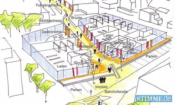 2005 Ein Blick vom Bahnhof aufs Erdgeschoss des geplanten Stadtcarr&eacute;s im Bad Rappenauer Zentrum. Der Grundriss zeigt rechts den ersten, links den zweiten Bauabschnitt, dazwischen die Br&uuml;cke, dahinter die Fu&szlig;g&auml;ngerzone.